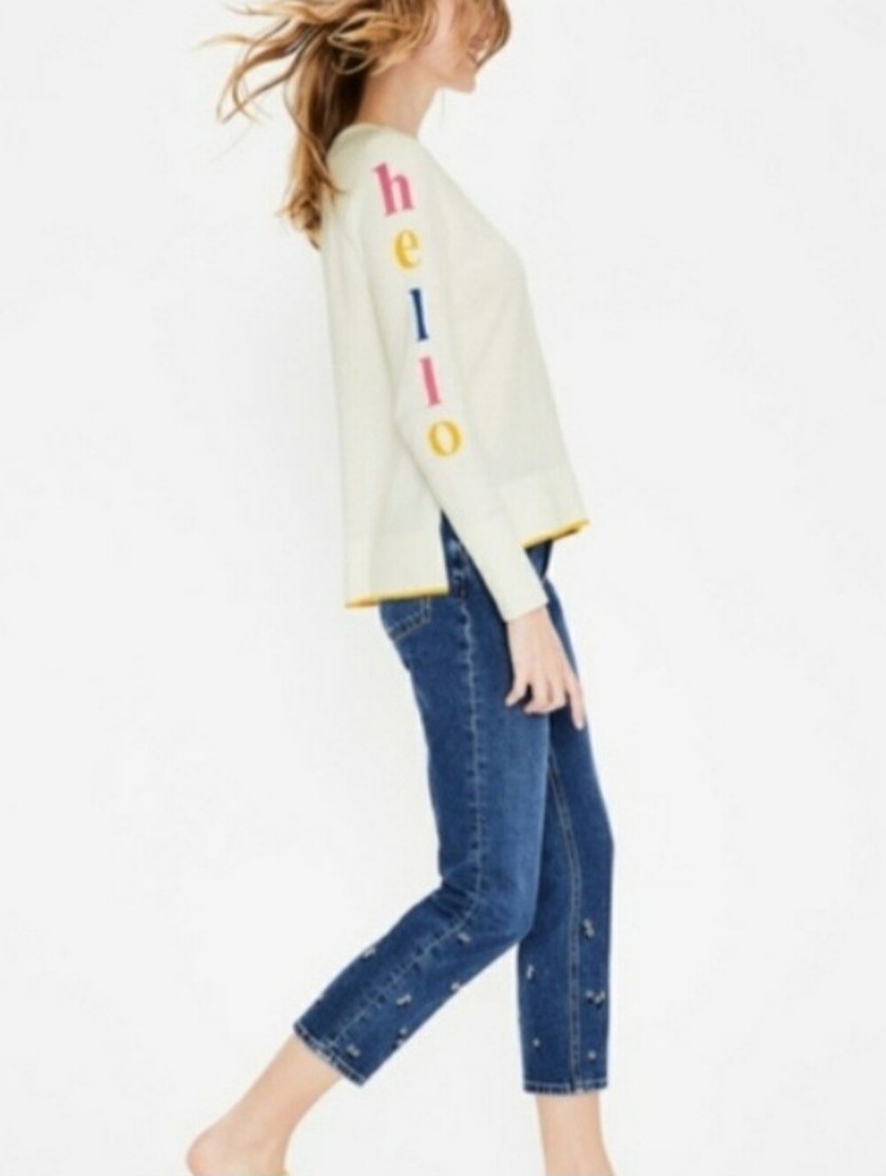 Boden Penny Wool Cotton Cream Sweater Hello/Bye Bye M
